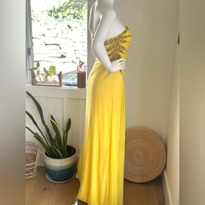 Interlude Vintage Formal Prom Dress Yellow Beaded Sequins Strapless Size 6